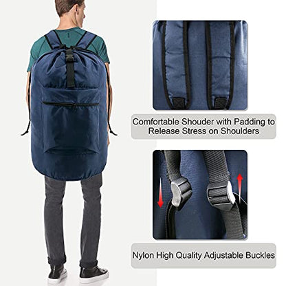 BeeGreen Navy Blue Travel Laundry Bag w Drawstring & Handle College Dorm Room Essentials w Adjustable Shoulder Straps Washable Sturdy Laundry Hamper Sack Dirty Laundry Travel Bag for Camping - color: Dark Blue, style: With Front Zipper Pocket