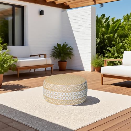 Outdoor Inflatable Ottoman with Air Pump, Embroidery Patio Footrest Stool D21”x H9”, Round Pouf Ottoman with Portable Handle Suitable for Garden, Camping, Bedroom, Living Room - color: White Embroidery