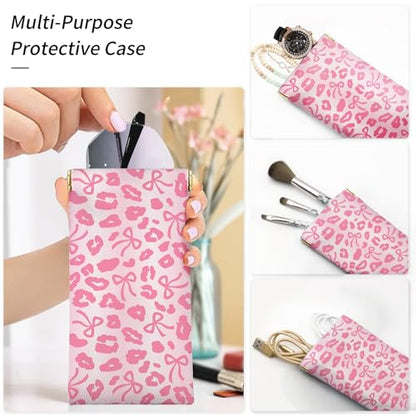 Glasses Case Soft, Eyeglass Cases for Women Portable Squeeze Top PU Leather 2 Pack Glasses Pouch with Cleaning Cloth - color: 2pcs Pink Leopard Print