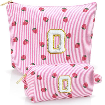 Personalized Initial Makeup Bag,Strawberry Print Preppy Cosmetic Toiletry Travel Bag,Trendy Letter Makeup Pouch for Teen Girls and Women,Holiday & Birthday Gift,2 Pack (Q, Pink Strawberry) - style: Q