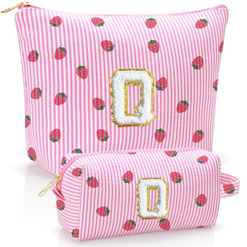 Personalized Initial Makeup Bag,Strawberry Print Preppy Cosmetic Toiletry Travel Bag,Trendy Letter Makeup Pouch for Teen Girls and Women,Holiday & Birthday Gift,2 Pack (Q, Pink Strawberry) - style: Q