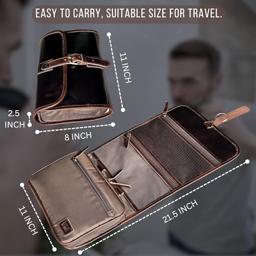 RUSTIC TOWN Leather Hanging Toiletry Bag for Men - Travel Shaving Dopp Kit - Bathroom Shower Toiletries Organizer - Leather Makeup Cosmetic Bag for Women - color: Walnut Brown