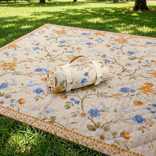 Newwiee 80 x 80 Inch Brown Floral Picnic Blanket Extra Large Outdoor Chinoiserie Picnic Mat with Carry Strap Waterproof Sandproof Blanket Foldable Portable for Beach Camping Grass Lawn Park - color: Brown