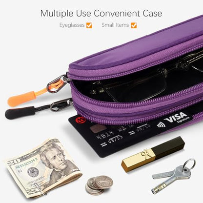 Double Eyeglasses Case Soft Portable Zipper Sunglasses Pouch with Keychain Clip for Men Women - color: Purple