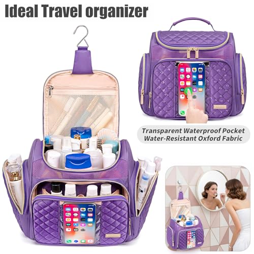 Large Toiletry Bag for Women Men,Bathroom Bag,Water Resistant Shower Bag,Makeup Bag,Toiletry Bags for Traveling,Hanging Toiletry Bag with Transparent Waterproof Phone Pocket (Purple) - color: Purple