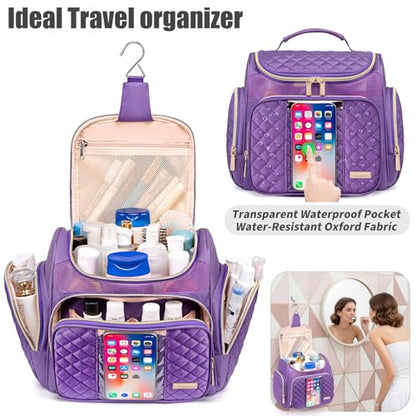 Large Toiletry Bag for Women Men,Bathroom Bag,Water Resistant Shower Bag,Makeup Bag,Toiletry Bags for Traveling,Hanging Toiletry Bag with Transparent Waterproof Phone Pocket (Purple) - color: Purple