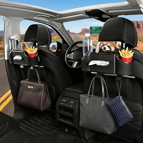 Back Seat Car Organizer, Nappa Leather Car Seat Organizer with Cup Holders and Tissue Box, Premium Hanging Storage Bag for SUV Truck Road Trip (2 PCS) - color: Black-2PCS