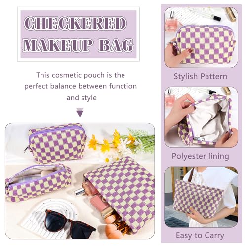 ZLFSRQ 3Pcs Checkered Makeup Bag for Women Large Small Checkered Cosmetic Bag Set Aesthetic Preppy Pencil Case Cute Pencil Pouch Purple Makeup Pouch for Purse Travel Toiletry Bags Zipper Skincare Bags - color: B-Checkered 3Pcs Mix Purple