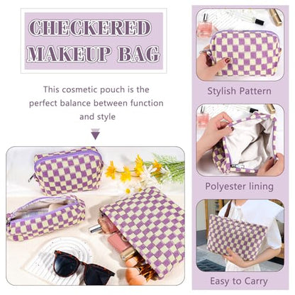 ZLFSRQ 3Pcs Checkered Makeup Bag for Women Large Small Checkered Cosmetic Bag Set Aesthetic Preppy Pencil Case Cute Pencil Pouch Purple Makeup Pouch for Purse Travel Toiletry Bags Zipper Skincare Bags - color: B-Checkered 3Pcs Mix Purple