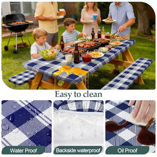 Picnic Table Cover with Bench Covers Camping Essentials Waterproof Windproof Camping Tablecloth with Drawstring Bag, Fitted Rectangle Tables and Seats, 72in, Blue Checkered - color: Blue Checkered, size: 72in