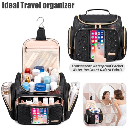 Large Toiletry Bag for Women Men,Bathroom Bag,Water Resistant Shower Bag,Makeup Bag,Toiletry Bags for Traveling,Hanging Toiletry Bag with Transparent Waterproof Phone Pocket (Black) - color: Black
