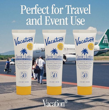 Vacation Mini Classic SPF 50 Sunscreen Lotion, 1 Fluid Ounce, Pack of 24 - Bulk Sunscreen, Invisible, No White Cast, Water-Resistant, Travel Size, Dermatologist-Tested, Vegan - size: 1 Fl Oz (Pack of 24), style: SPF 50