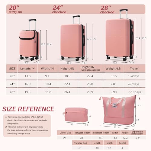 Merax Luggage Sets 5 Piece, Hardside 20" Half-opening Carry On Suitcase Set with USB Port,Lightweight Travel 24" 28" Luggage with Bags TSA Locks Double Spinner Wheels,Light Pink - color: Light Pink, size: 3 piece(20front open+24+28+bags)