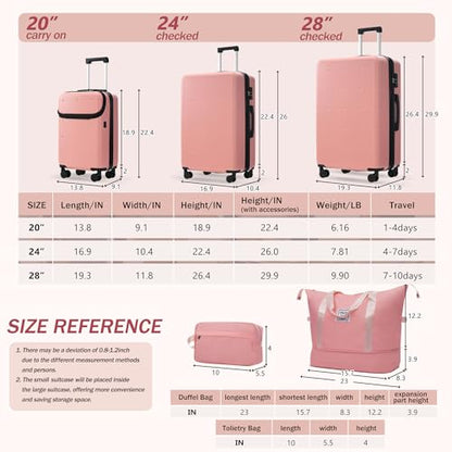 Merax Luggage Sets 5 Piece, Hardside 20" Half-opening Carry On Suitcase Set with USB Port,Lightweight Travel 24" 28" Luggage with Bags TSA Locks Double Spinner Wheels,Light Pink - color: Light Pink, size: 3 piece(20front open+24+28+bags)