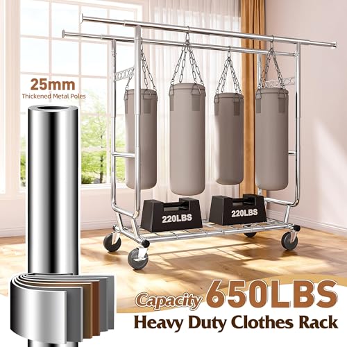 Raybee Clothes Rack, Seasonal Storage & Closet Organize, Collapsible Frame | Heavy Duty, Large Capacity, Commercial-Grade Stainless Steel, Expandable Rods, Height Adjustable, Lockable Wheels, Fast Setup - color: Chrome
