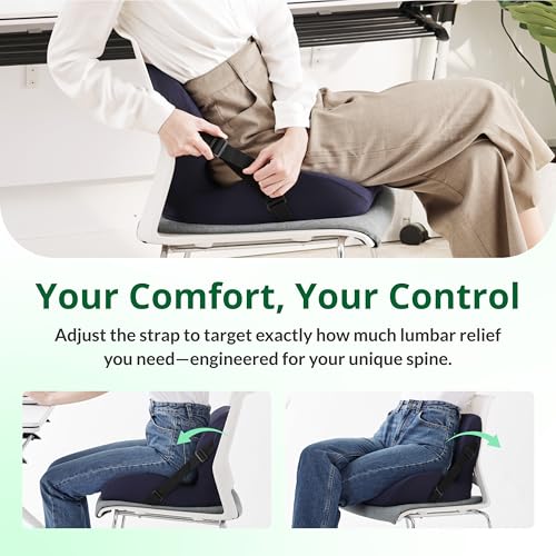 Ergonomic Seat Cushion for Sciatica Relief & Long Driving - Memory Foam Back Support with Adjustable Strap, Non-Slip Base & Removable Mesh Cover - Office, Car (Navy Blue) - color: Navy
