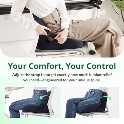 Ergonomic Seat Cushion for Sciatica Relief & Long Driving - Memory Foam Back Support with Adjustable Strap, Non-Slip Base & Removable Mesh Cover - Office, Car (Navy Blue) - color: Navy