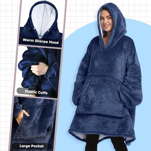 Catalonia Oversized Blanket Hoodie Sweatshirt, Wearable Sherpa Blanket Pullover, Gift for Her - color: Navy