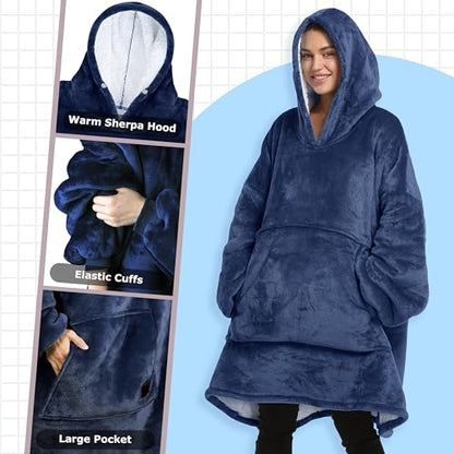 Catalonia Oversized Blanket Hoodie Sweatshirt, Wearable Sherpa Blanket Pullover, Gift for Her - color: Navy