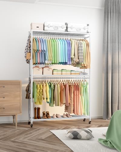 Sakugi Clothes Rack - 45.2" x 12.2" x 79.5" Clothing Rack with Shelves & Wheels, Multi-Functional Wardrobe Closet with Hooks, Sturdy Metal Garment Rack for Bedroom, Laundry, Balcony (White) - color: White, size: X-Large