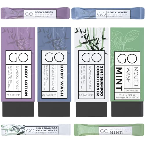 Go Essentials - Bundle Sets (Bamboo Forest and Refreshing Mint, 80 Packets Total (20 of Each)) Travel size mouthwash, shampoo/conditioner, body wash, body lotion.