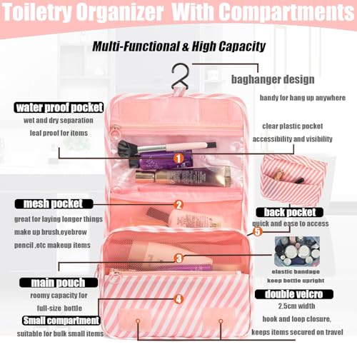 L&FY Hanging Travel Toiletry Bag Women's Cosmetic Organizer Makeup Pouch Men's Shaving Kits With Handle (Canvas Pink) - color: Canvas Pink, size: Compact Size