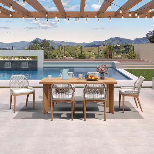 PURPLE LEAF 7 Pieces Patio Dining Set Aluminum Modern Rectangular Table and Wicker Chairs with Cushions for Kitchen Porch Garden Outdoor Furniture Sets, Teak - color: Teak, size: 7 PCS, style: Rectangular