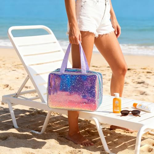 Holographic Purple Star Large Cosmetic Bag and Travel Pouch with Handle,Durable Material,Zipper Design-Ideal for Makeup,Travel Essentials (Purple Handle) - color: Purple Handle