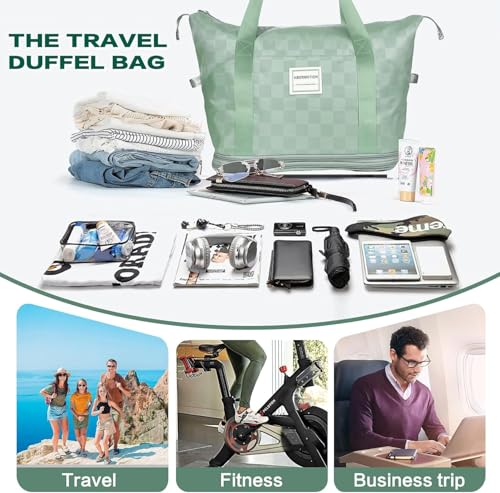 Expandable Rolling Duffle Bag - Large Carry-On With Spinner Wheels, Foldable Weekend Travel Bag, 28-58L Capacity（Backpack-Green Checkboard） - color: Backpack-Green Checkboard, style: Backpack