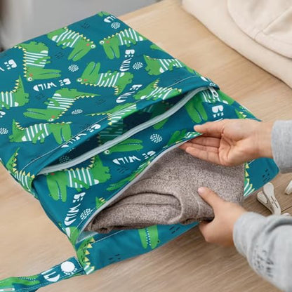 ALVA ALVABABY 3pcs Cloth Diaper Wet Dry Bags Waterproof Reusable with Two Zippered Pockets Travel Beach Pool Daycare Soiled Baby Items Yoga Gym Bag for Swimsuits or Wet Clothes 3L-ZM16A - color: Engineering truck Lion crocodile