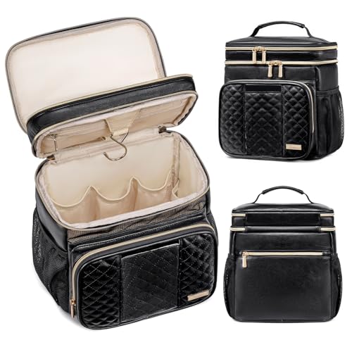 Large Leather Toiletry Bag for Women Men,Bathroom Bag,Water Resistant Shower Bag,Makeup Bag,Portable Shower Caddy for College Dorm,Hanging Travel Toiletry Bag with Transparent Waterproof Phone Pocket - color: Black Leather