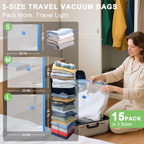 15 Pack Vacuum Seal Bags for Clothing Travel with -60000Pa USB Pump, Save 80% of Space for Clothes (15 Combo) - size: 15 Combo