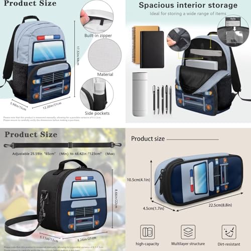 Kids Boys School Backpacks Set,Police Car Schoolbag Matching Combo for Preschool Primary, Lightweight Bookbag, Lunch Box Bundle and Pen Case Set - color: Police Car