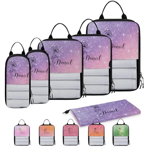 Custom 6 Set Compression Packing Cubes for Travel, Personalized Lightweight Luggage Organizer Bags with Name & Birth Flower, Expandable Large Expandable Packing Organizer, Glitter - color: Multicolor