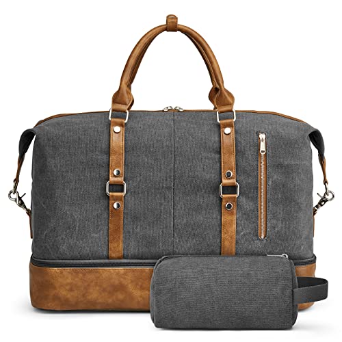 S-ZONE Weekender Bag for Men Canvas Duffle Large Weekend Overnight Travel Carry On Tote Bag with Shoe Compartment (Grey) - color: B-Grey
