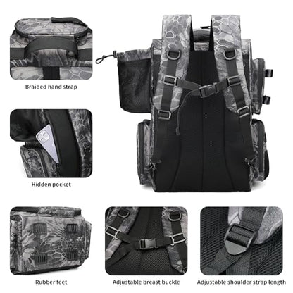 Rabjen Fishing Tackle Backpack with Rod Holders, Bottle Holder, Storage Bag Store Fishing Gear - color: Camouflage Black