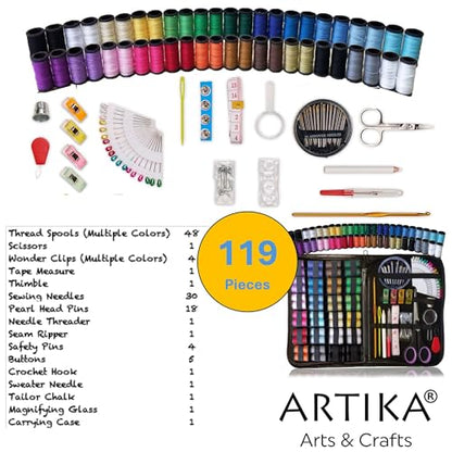 ARTIKA Sewing Kit for Adults and Kids (119 PCS) - Small Beginner Set w/Multicolor Thread, Needles, Scissors, Thimble & Clips - Emergency Repair and Travel Kits - Sewing Accessories and Supplies - style: Sewing kit 119 PCS