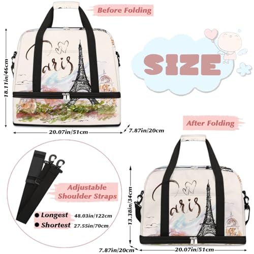 Paris Eiffel Tower Foldable Travel Duffel Bag, Expandable Sports Gym Bag with Shoes Compartment Weekender Overnight Totes Bags for Women Men - color: Paris Eiffel Tower