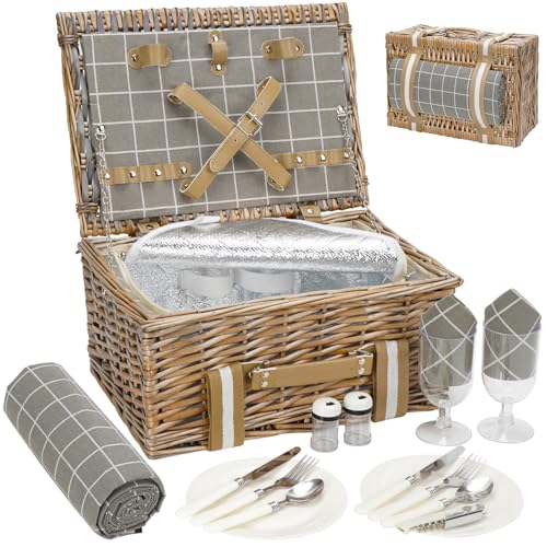 Wicker Picnic Basket for 2 - Willow Basket with Waterproof Picnic Blanket | Willow Picnic Set with Insulated Cooler | Wicker Hamper with Cutlery Kit | Gift Basket for Christmas, Thanks Giving, Grey - color: Grey Check, size: 15x11x7.5inch