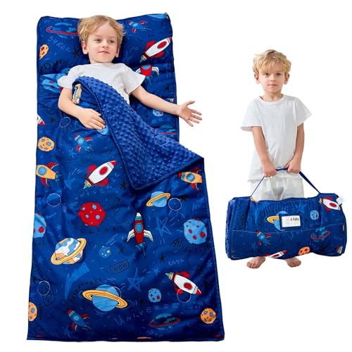 Lasoftan Toddler Nap Mat with Pillow and Blanket, Extra Large Rolled Napping Mats,Slumber Bags for Boys Girls,Kids Sleeping Bag for Daycare, Preschool Travel Camping - color: Universe