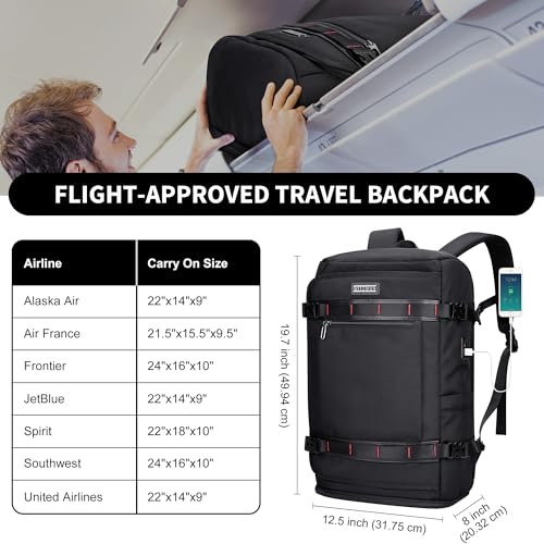 WITZMAN Travel Backpack for Men 35L Carry-on Laptop Backpack Luggage Fit 16 inch TSA Friendly Flight Approved with Shoe Compartment for Airplanes（B718 Black） - color: Black