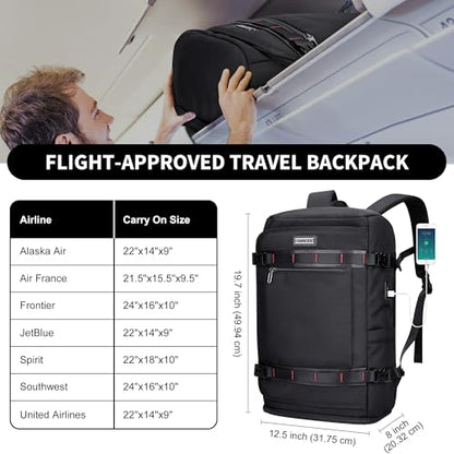 WITZMAN Travel Backpack for Men 35L Carry-on Laptop Backpack Luggage Fit 16 inch TSA Friendly Flight Approved with Shoe Compartment for Airplanes（B718 Black） - color: Black