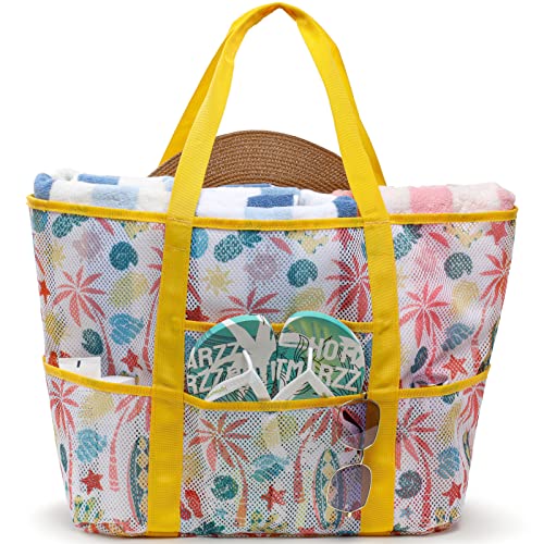 F-color Mesh Beach Bag Family - Large Tote Bag 9 Pockets for Swim Pool Toys Cruise Beach Vacation Essentials - color: Yellow Beach, size: Large with Mesh Bottom