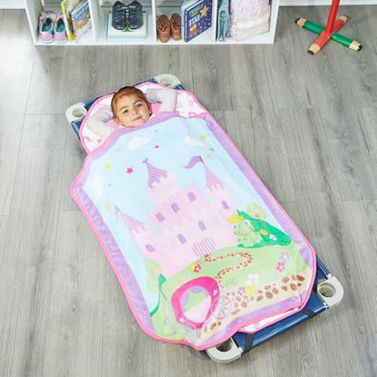 EVERYDAY KIDS Cute Preschooler and Toddler Cot Nap Mat for Home, Daycare, Preschool and Kindergarten; Easy to Roll Sleeping Mat with Elastic Straps, Pillow and Blanket - color: Princess Cot Nap Mat