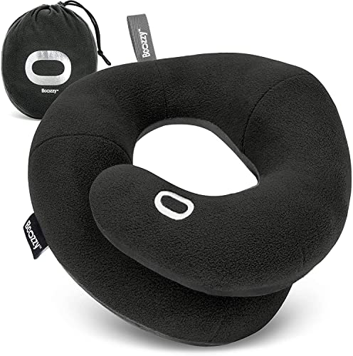 BCOZZY Travel Neck Pillow for Airplane– Patented Double Support for Head, Neck, and Chin. Best for Long Flights, Plane Sleeping, and Car Rides. Adjustable Size. Fully Washable. Carry Bag. Large, Black - color: Black, size: Large