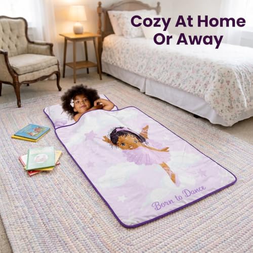 EVERYDAY KIDS Toddler Nap Mat with Removable Pillow - Born to Dance African American Ballerina - Carry Handle with Straps Closure, Rollup Design for Preschool, Daycare, Sleeping Bag - Ages 2-6 Years - color: Born to Dance African American Ballerina