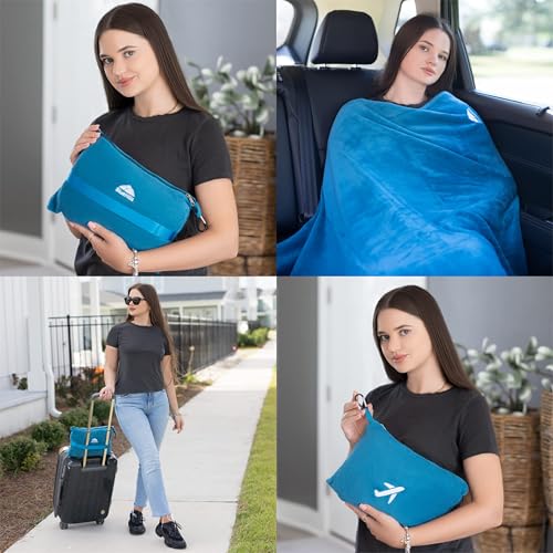 BlueHills Travel Blanket Pillow in Mini Soft Case Premium Plush Airplane Blanket in Soft Bag Compact Pack with Luggage Belt and Backpack Clip Airline Car 2 in 1 Traveler Essentials - Teal Blue M03 - color: Teal-m03