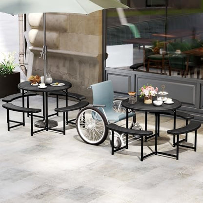 Tangkula 8 Person Picnic Table, HDPE Outdoor Round Table and Bench Set with 4 Built-in Benches, Umbrella Hole, Metal Frame for Garden Yard Patio Lawn - color: Black