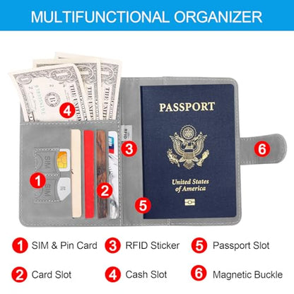 Passport Holders, RFID Blocking Credit Card Holder, PU Leather Vaccine Card Holders for Travel with Magnetic Buckle, Travel Must Haves Cruise Ship Essentials for Men, Women (Grey) - color: Grey