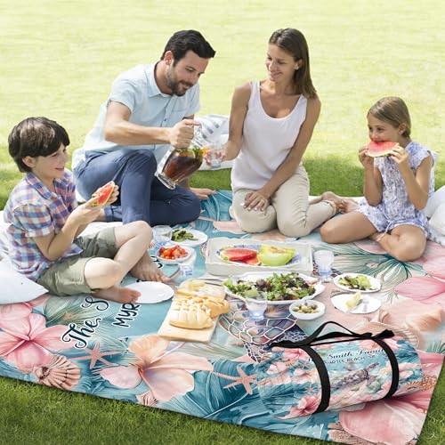 Personalized Waterproof Sandproof Beach Blanket 80''x80'', 3-Layer Foldable Picnic Blanket with Carry Strap, Camping Travel Outdoor Mat for Beach Park Hiking (Hibicus Sea Turle) - color: Hibicus Sea Turle